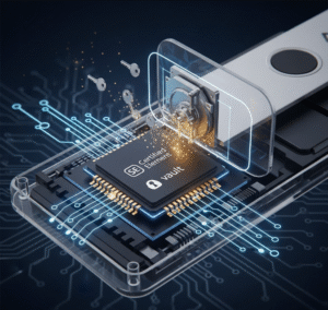 Illustration showing the certified Secure Element chip inside a Ledger Nano X, which acts as a vault for crypto private keys