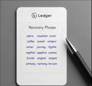A blank 24-word card and a pen, emphasizing the importance of writing down and securing your crypto backup